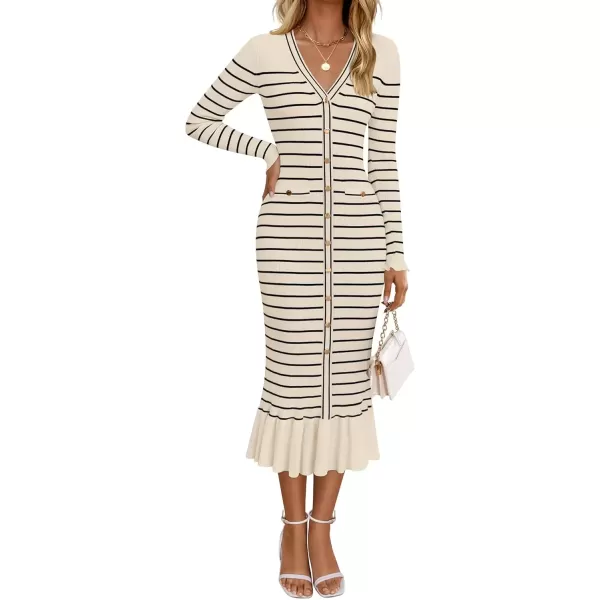 imageZESICA Womens Long Sleeve Sweater Dress 2024 Fall V Neck Striped Button Slim Fit Bodycon Knit Winter DressesApricot