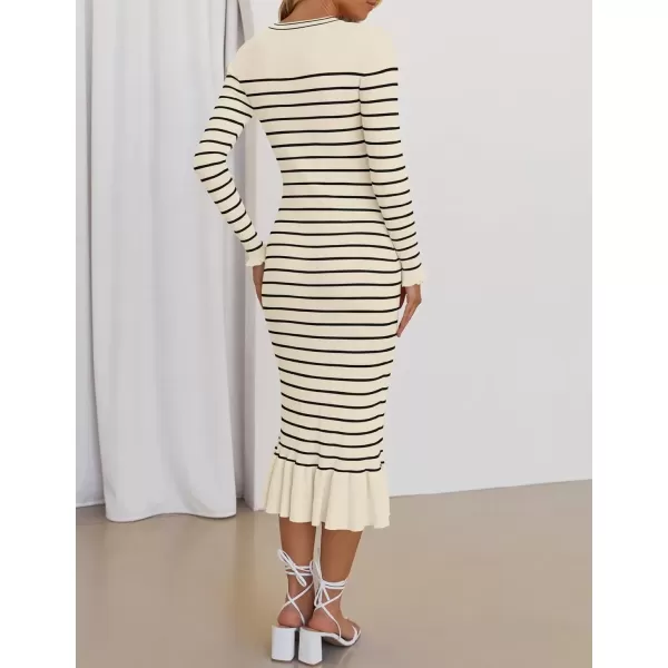 imageZESICA Womens Long Sleeve Sweater Dress 2024 Fall V Neck Striped Button Slim Fit Bodycon Knit Winter DressesApricot
