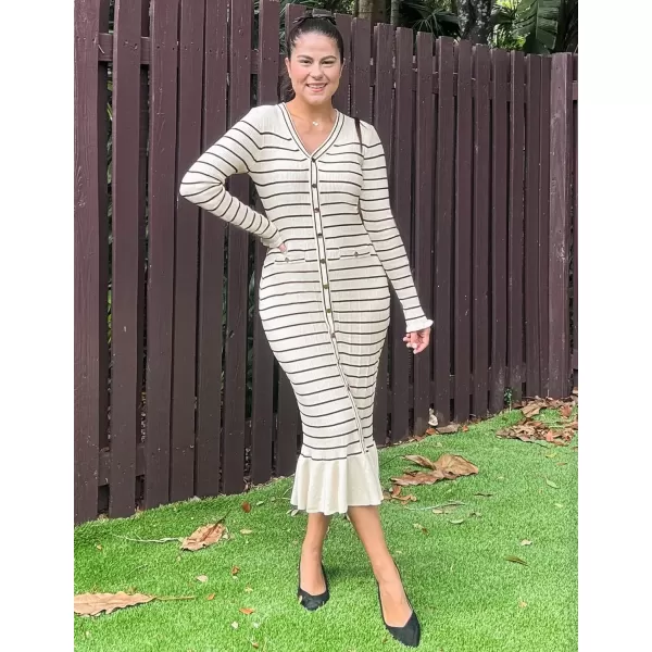 imageZESICA Womens Long Sleeve Sweater Dress 2024 Fall V Neck Striped Button Slim Fit Bodycon Knit Winter DressesApricot