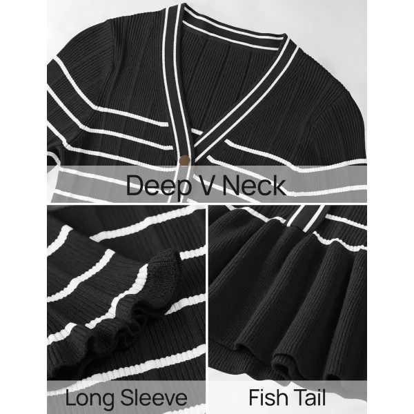 imageZESICA Womens Long Sleeve Sweater Dress 2024 Fall V Neck Striped Button Slim Fit Bodycon Knit Winter DressesBlack
