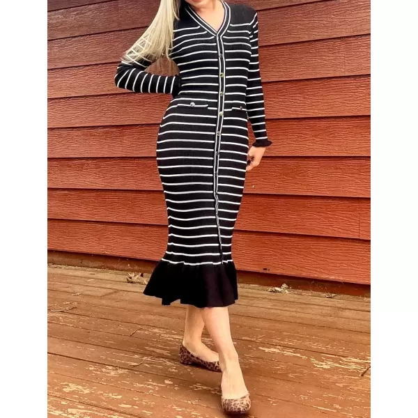 imageZESICA Womens Long Sleeve Sweater Dress 2024 Fall V Neck Striped Button Slim Fit Bodycon Knit Winter DressesBlack