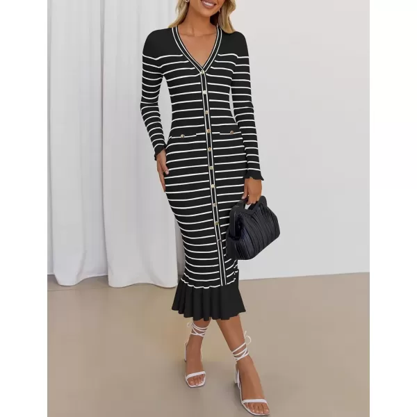 imageZESICA Womens Long Sleeve Sweater Dress 2024 Fall V Neck Striped Button Slim Fit Bodycon Knit Winter DressesBlack