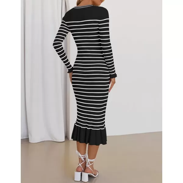 imageZESICA Womens Long Sleeve Sweater Dress 2024 Fall V Neck Striped Button Slim Fit Bodycon Knit Winter DressesBlack