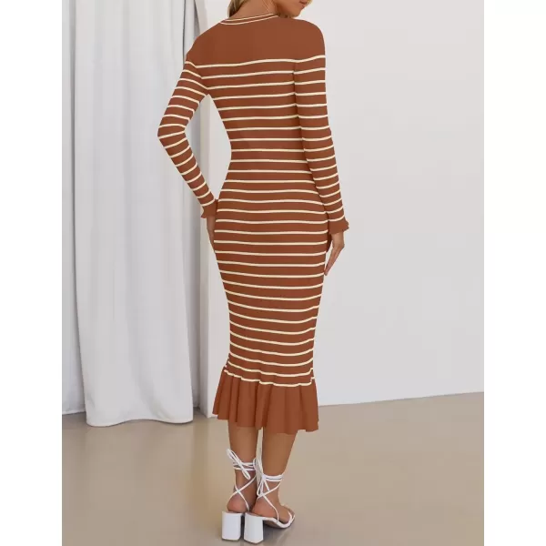 imageZESICA Womens Long Sleeve Sweater Dress 2024 Fall V Neck Striped Button Slim Fit Bodycon Knit Winter DressesBrown