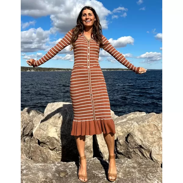 imageZESICA Womens Long Sleeve Sweater Dress 2024 Fall V Neck Striped Button Slim Fit Bodycon Knit Winter DressesBrown