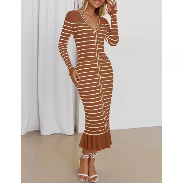 imageZESICA Womens Long Sleeve Sweater Dress 2024 Fall V Neck Striped Button Slim Fit Bodycon Knit Winter DressesBrown