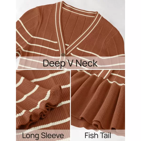 imageZESICA Womens Long Sleeve Sweater Dress 2024 Fall V Neck Striped Button Slim Fit Bodycon Knit Winter DressesBrown