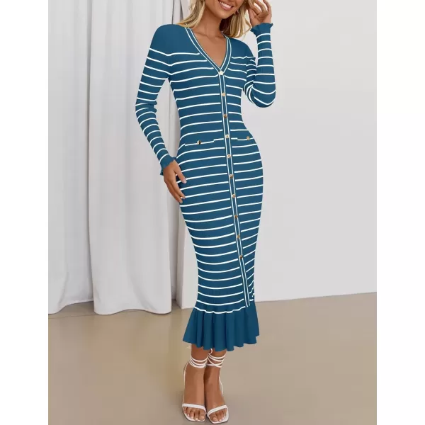 imageZESICA Womens Long Sleeve Sweater Dress 2024 Fall V Neck Striped Button Slim Fit Bodycon Knit Winter DressesDusty Blue