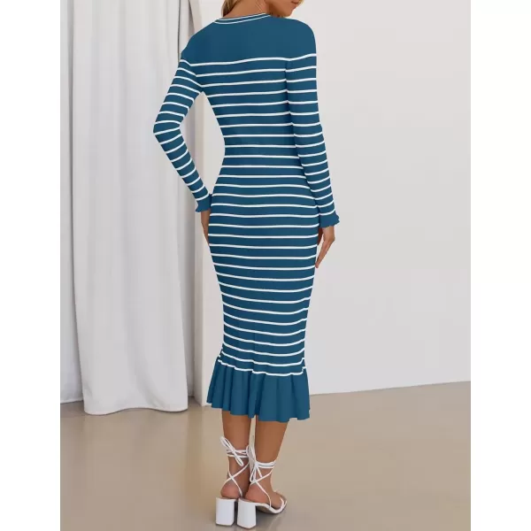 imageZESICA Womens Long Sleeve Sweater Dress 2024 Fall V Neck Striped Button Slim Fit Bodycon Knit Winter DressesDusty Blue