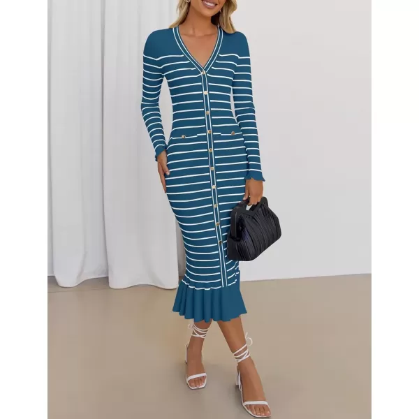 imageZESICA Womens Long Sleeve Sweater Dress 2024 Fall V Neck Striped Button Slim Fit Bodycon Knit Winter DressesDusty Blue