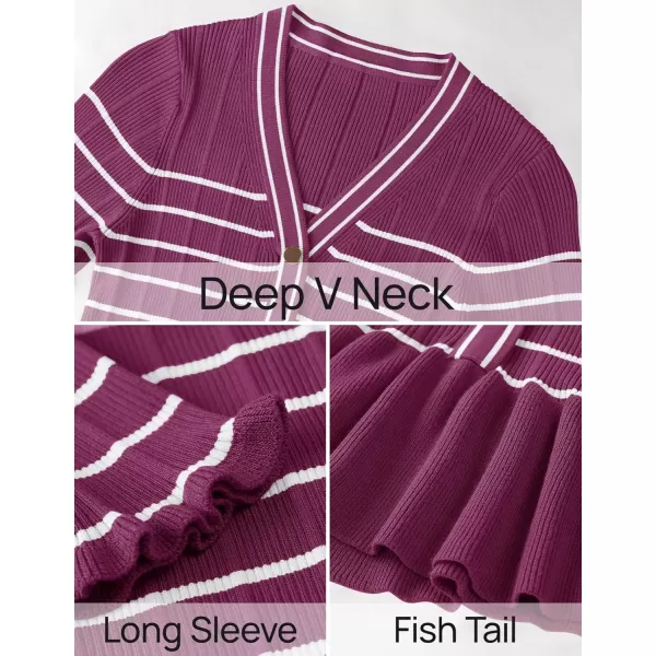 imageZESICA Womens Long Sleeve Sweater Dress 2024 Fall V Neck Striped Button Slim Fit Bodycon Knit Winter DressesFuchsia
