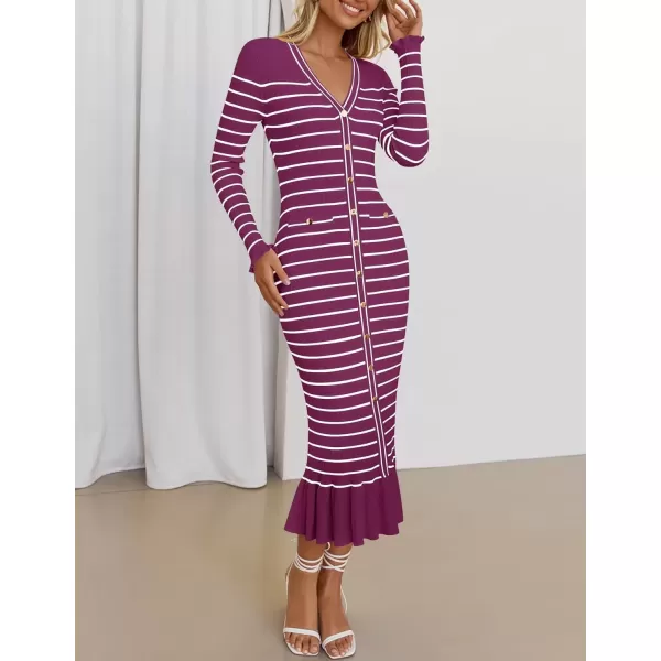 imageZESICA Womens Long Sleeve Sweater Dress 2024 Fall V Neck Striped Button Slim Fit Bodycon Knit Winter DressesFuchsia