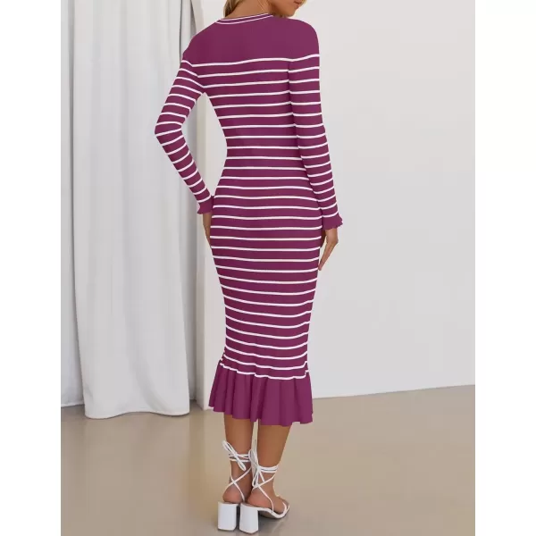imageZESICA Womens Long Sleeve Sweater Dress 2024 Fall V Neck Striped Button Slim Fit Bodycon Knit Winter DressesFuchsia