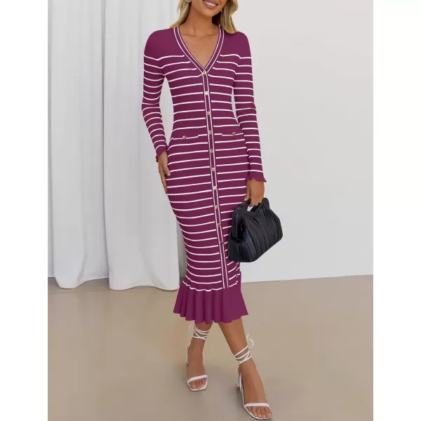 imageZESICA Womens Long Sleeve Sweater Dress 2024 Fall V Neck Striped Button Slim Fit Bodycon Knit Winter DressesFuchsia