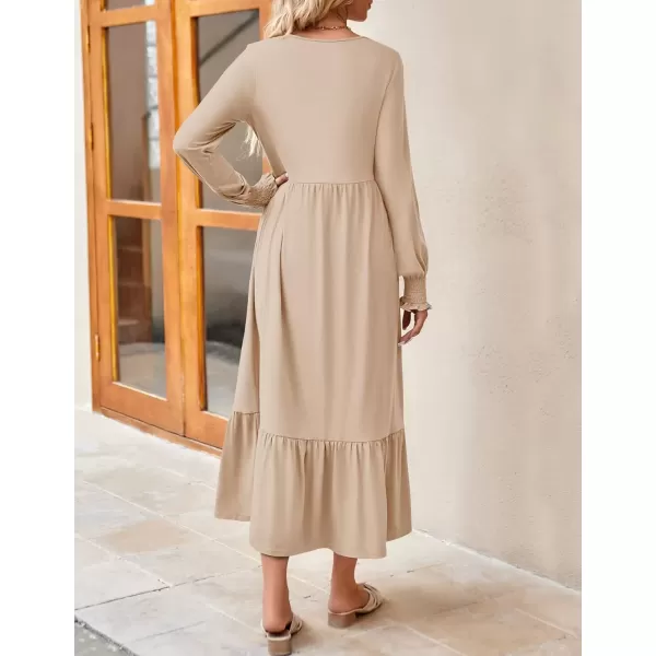 imageZESICA Womens Spring Long Sleeve Dress Crewneck Casual Loose Pleated Tiered Swing Midi Dresses with PocketsApricot