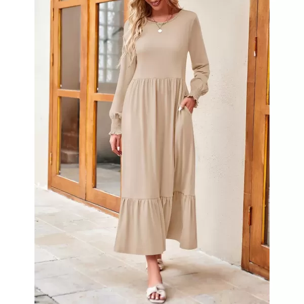 imageZESICA Womens Spring Long Sleeve Dress Crewneck Casual Loose Pleated Tiered Swing Midi Dresses with PocketsApricot