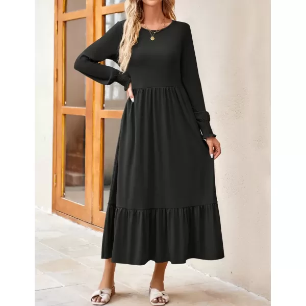 imageZESICA Womens Spring Long Sleeve Dress Crewneck Casual Loose Pleated Tiered Swing Midi Dresses with PocketsBlack