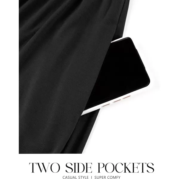imageZESICA Womens Spring Long Sleeve Dress Crewneck Casual Loose Pleated Tiered Swing Midi Dresses with PocketsBlack