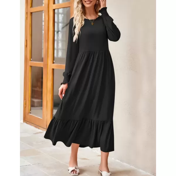 imageZESICA Womens Spring Long Sleeve Dress Crewneck Casual Loose Pleated Tiered Swing Midi Dresses with PocketsBlack