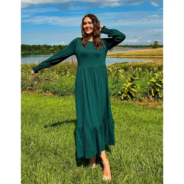imageZESICA Womens Spring Long Sleeve Dress Crewneck Casual Loose Pleated Tiered Swing Midi Dresses with PocketsDarkgreen