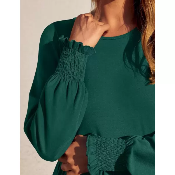 imageZESICA Womens Spring Long Sleeve Dress Crewneck Casual Loose Pleated Tiered Swing Midi Dresses with PocketsDarkgreen