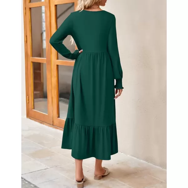 imageZESICA Womens Spring Long Sleeve Dress Crewneck Casual Loose Pleated Tiered Swing Midi Dresses with PocketsDarkgreen