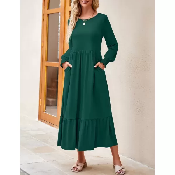 imageZESICA Womens Spring Long Sleeve Dress Crewneck Casual Loose Pleated Tiered Swing Midi Dresses with PocketsDarkgreen
