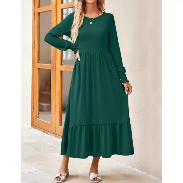 imageZESICA Womens Spring Long Sleeve Dress Crewneck Casual Loose Pleated Tiered Swing Midi Dresses with PocketsDarkgreen