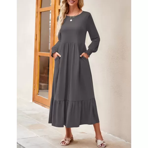 imageZESICA Womens Spring Long Sleeve Dress Crewneck Casual Loose Pleated Tiered Swing Midi Dresses with PocketsDarkgrey