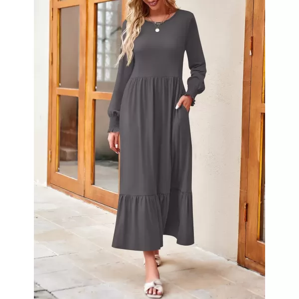 imageZESICA Womens Spring Long Sleeve Dress Crewneck Casual Loose Pleated Tiered Swing Midi Dresses with PocketsDarkgrey
