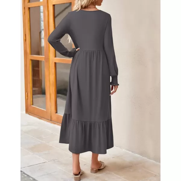 imageZESICA Womens Spring Long Sleeve Dress Crewneck Casual Loose Pleated Tiered Swing Midi Dresses with PocketsDarkgrey