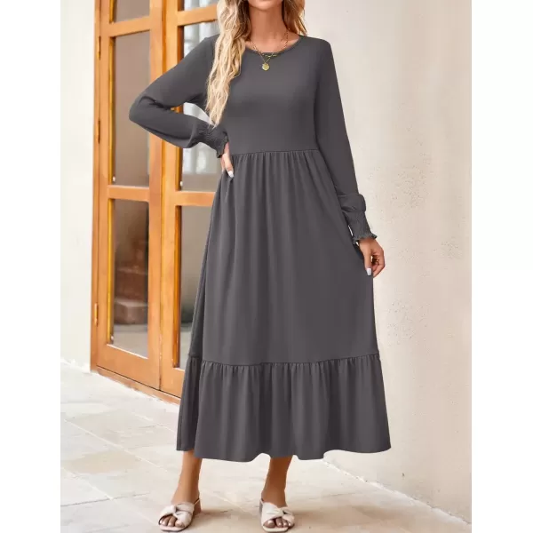 imageZESICA Womens Spring Long Sleeve Dress Crewneck Casual Loose Pleated Tiered Swing Midi Dresses with PocketsDarkgrey