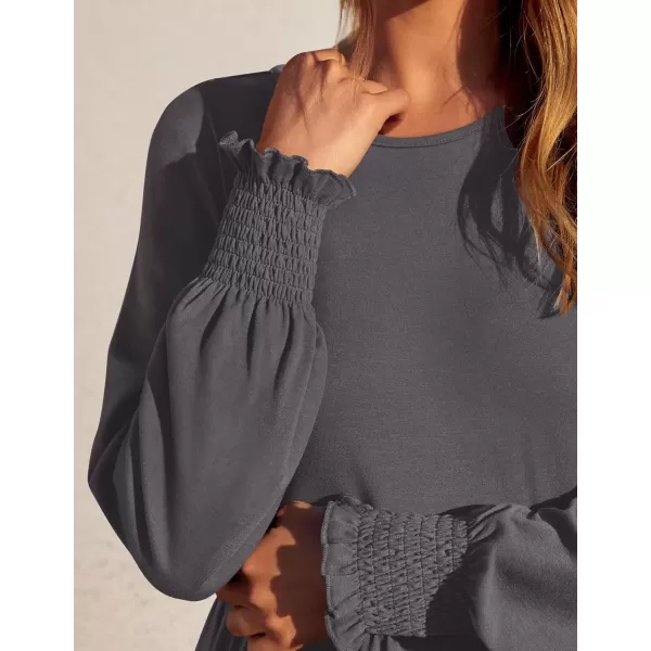 imageZESICA Womens Spring Long Sleeve Dress Crewneck Casual Loose Pleated Tiered Swing Midi Dresses with PocketsDarkgrey