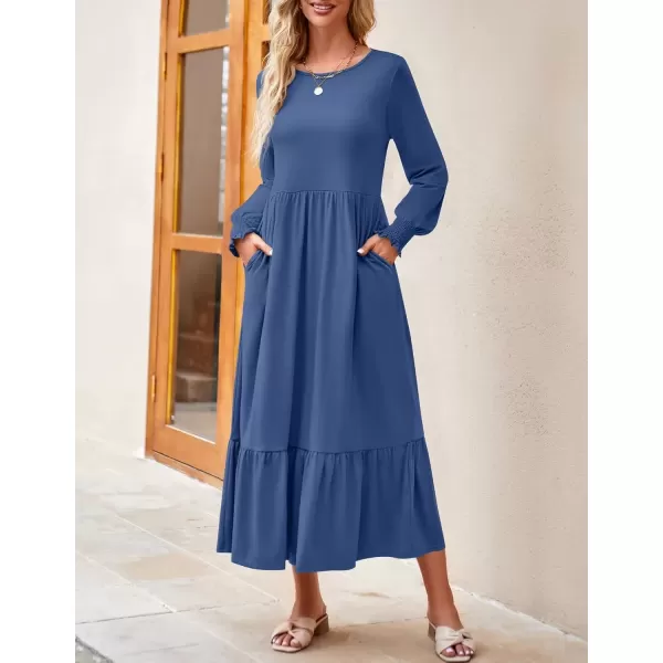 imageZESICA Womens Spring Long Sleeve Dress Crewneck Casual Loose Pleated Tiered Swing Midi Dresses with PocketsDustyblue