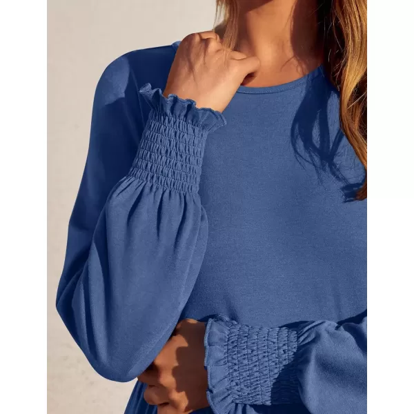 imageZESICA Womens Spring Long Sleeve Dress Crewneck Casual Loose Pleated Tiered Swing Midi Dresses with PocketsDustyblue