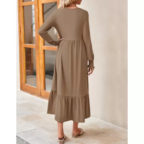 imageZESICA Womens Spring Long Sleeve Dress Crewneck Casual Loose Pleated Tiered Swing Midi Dresses with PocketsKhaki