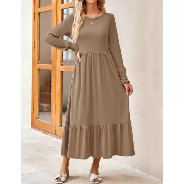 imageZESICA Womens Spring Long Sleeve Dress Crewneck Casual Loose Pleated Tiered Swing Midi Dresses with PocketsKhaki