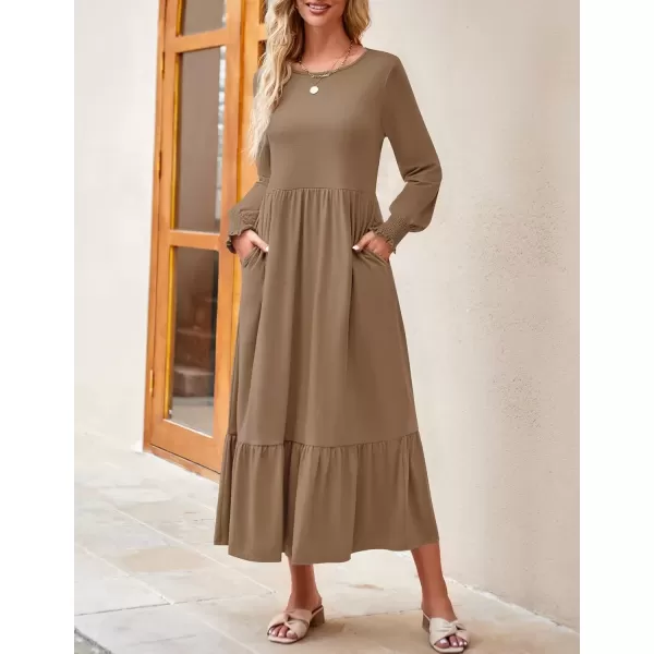 imageZESICA Womens Spring Long Sleeve Dress Crewneck Casual Loose Pleated Tiered Swing Midi Dresses with PocketsKhaki