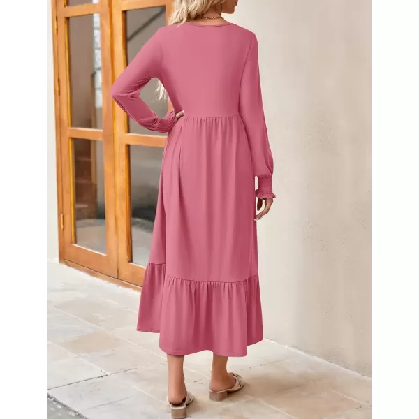 imageZESICA Womens Spring Long Sleeve Dress Crewneck Casual Loose Pleated Tiered Swing Midi Dresses with PocketsPink