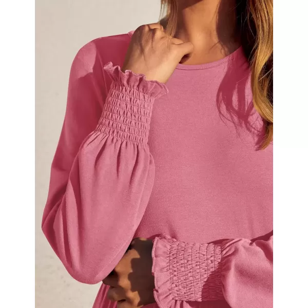 imageZESICA Womens Spring Long Sleeve Dress Crewneck Casual Loose Pleated Tiered Swing Midi Dresses with PocketsPink