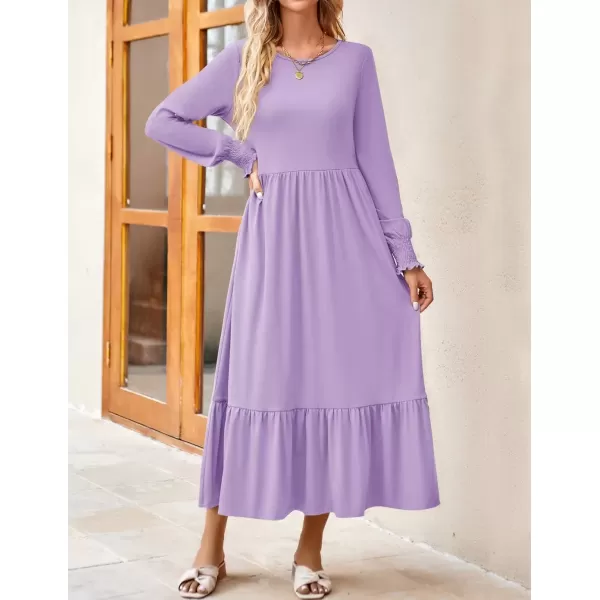 imageZESICA Womens Spring Long Sleeve Dress Crewneck Casual Loose Pleated Tiered Swing Midi Dresses with PocketsPurple
