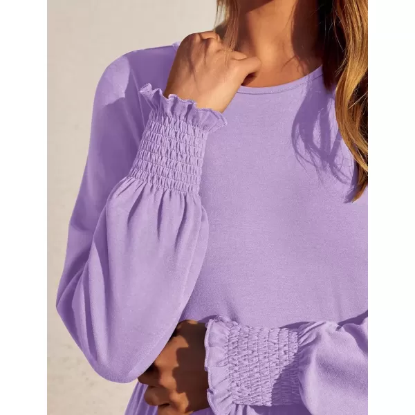 imageZESICA Womens Spring Long Sleeve Dress Crewneck Casual Loose Pleated Tiered Swing Midi Dresses with PocketsPurple