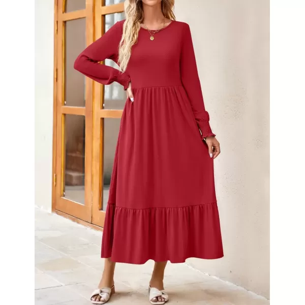 imageZESICA Womens Spring Long Sleeve Dress Crewneck Casual Loose Pleated Tiered Swing Midi Dresses with PocketsRed
