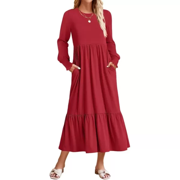 imageZESICA Womens Spring Long Sleeve Dress Crewneck Casual Loose Pleated Tiered Swing Midi Dresses with PocketsRed