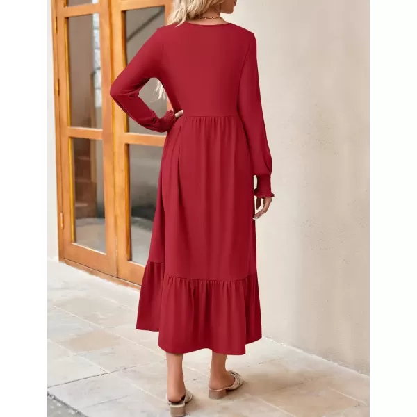 imageZESICA Womens Spring Long Sleeve Dress Crewneck Casual Loose Pleated Tiered Swing Midi Dresses with PocketsRed