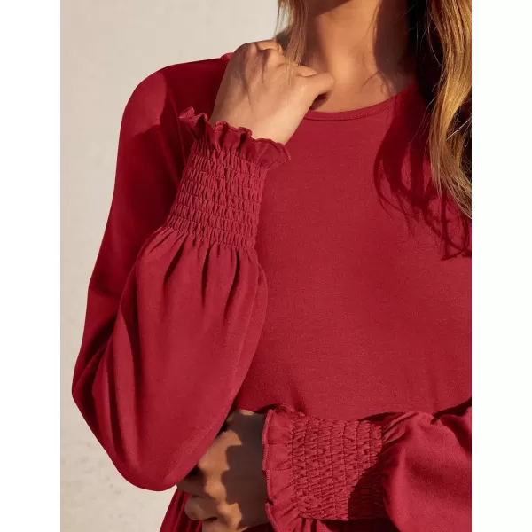 imageZESICA Womens Spring Long Sleeve Dress Crewneck Casual Loose Pleated Tiered Swing Midi Dresses with PocketsRed