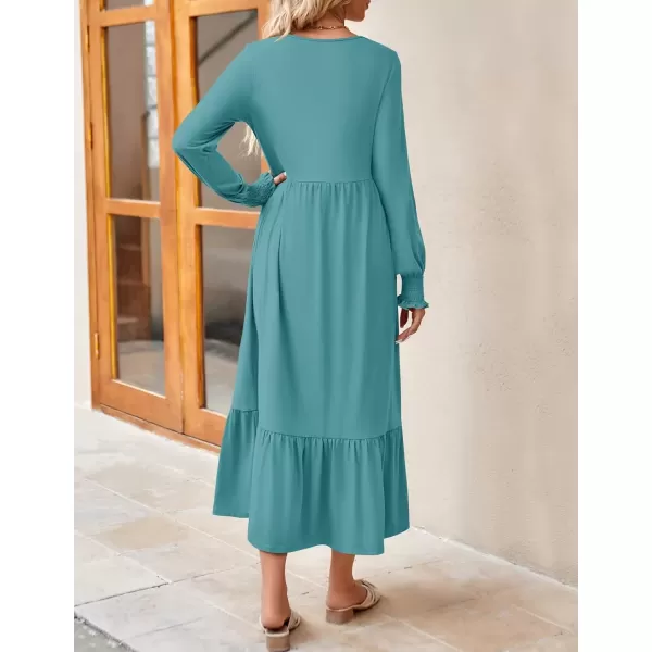 imageZESICA Womens Spring Long Sleeve Dress Crewneck Casual Loose Pleated Tiered Swing Midi Dresses with PocketsSage