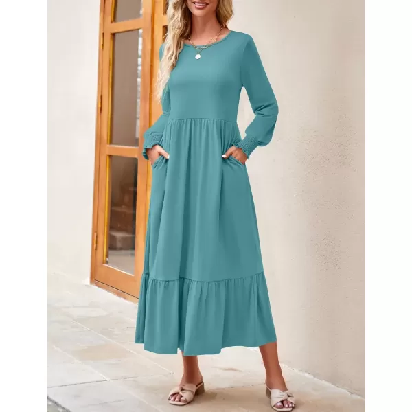 imageZESICA Womens Spring Long Sleeve Dress Crewneck Casual Loose Pleated Tiered Swing Midi Dresses with PocketsSage