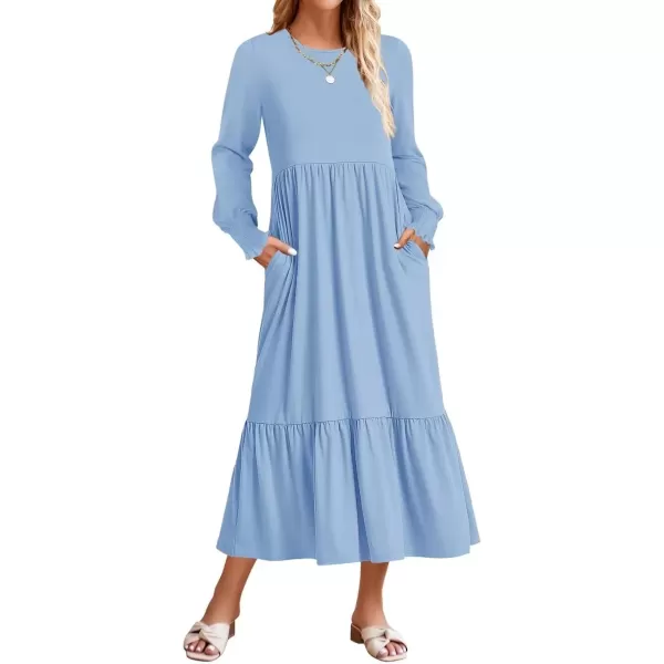 imageZESICA Womens Spring Long Sleeve Dress Crewneck Casual Loose Pleated Tiered Swing Midi Dresses with PocketsSky