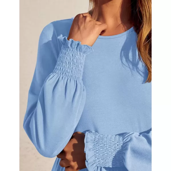 imageZESICA Womens Spring Long Sleeve Dress Crewneck Casual Loose Pleated Tiered Swing Midi Dresses with PocketsSky